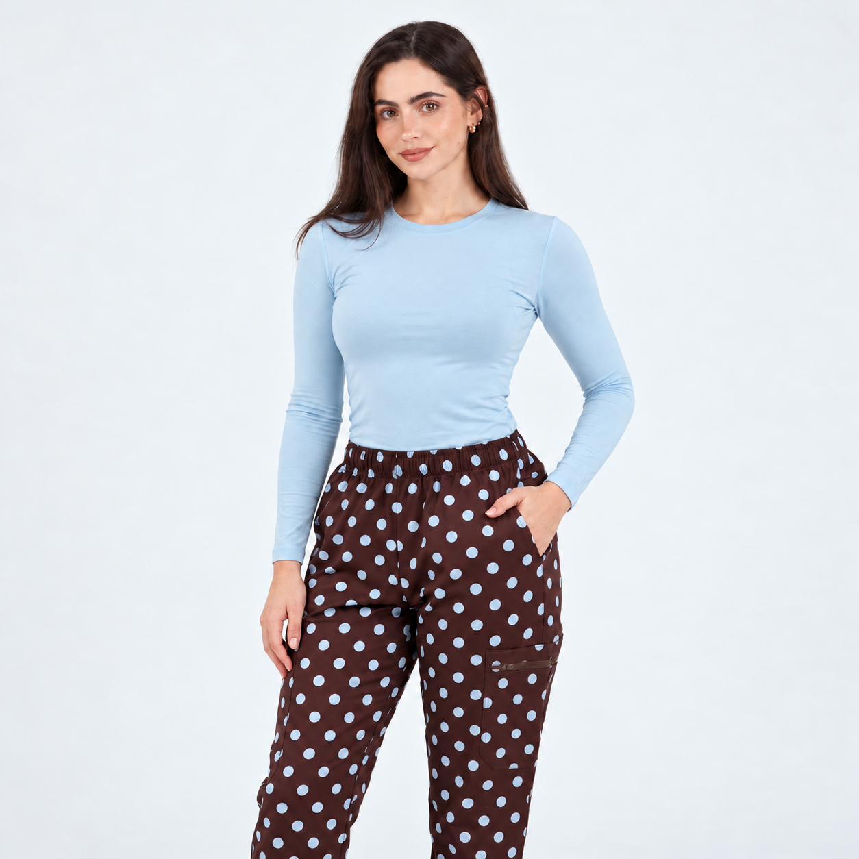 Women’s 7-Pocket Cocoa Sky Polka Dot Printed Medical Scrub Set