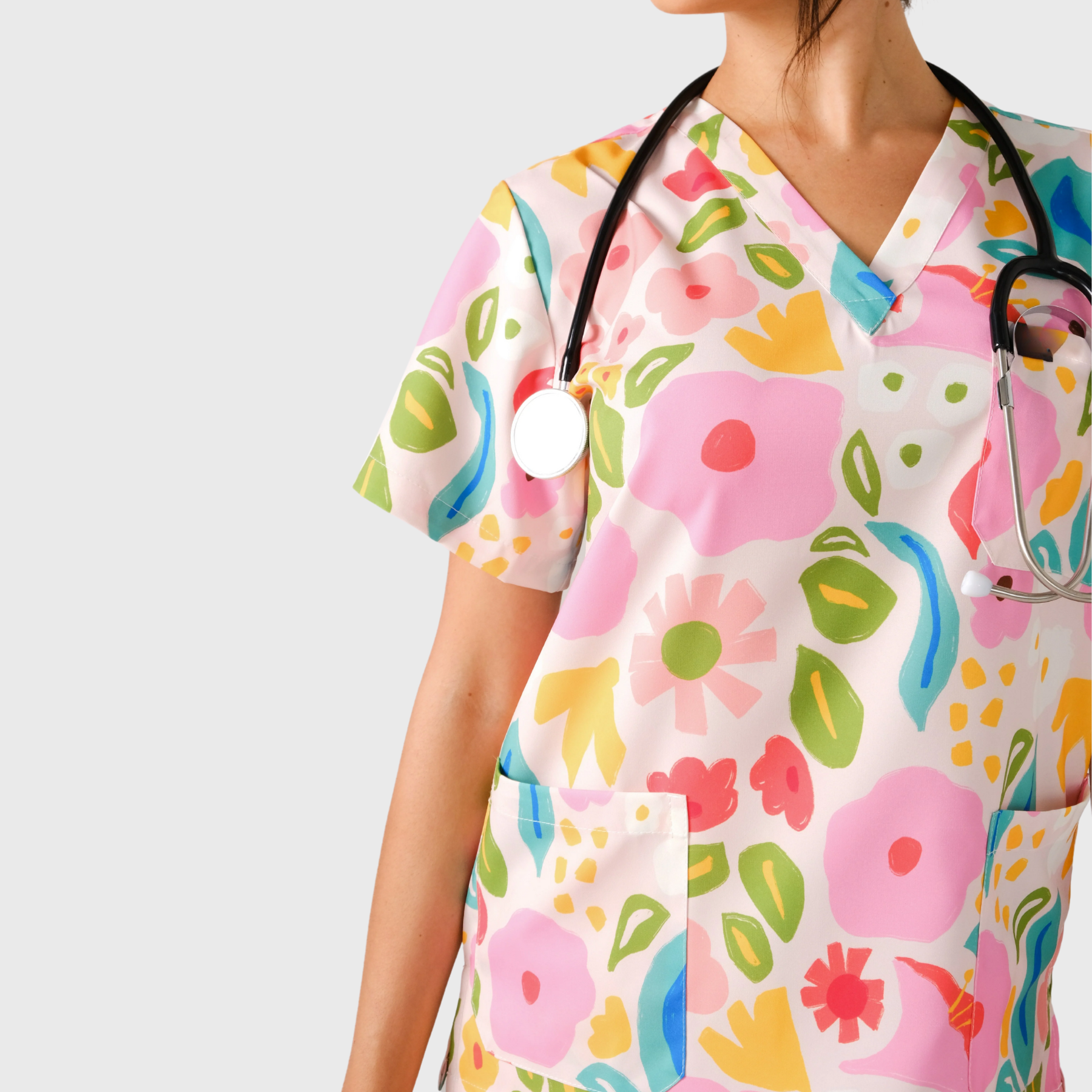 Women's V-Neck 3 Pockets Summer Garden Print Scrub Top
