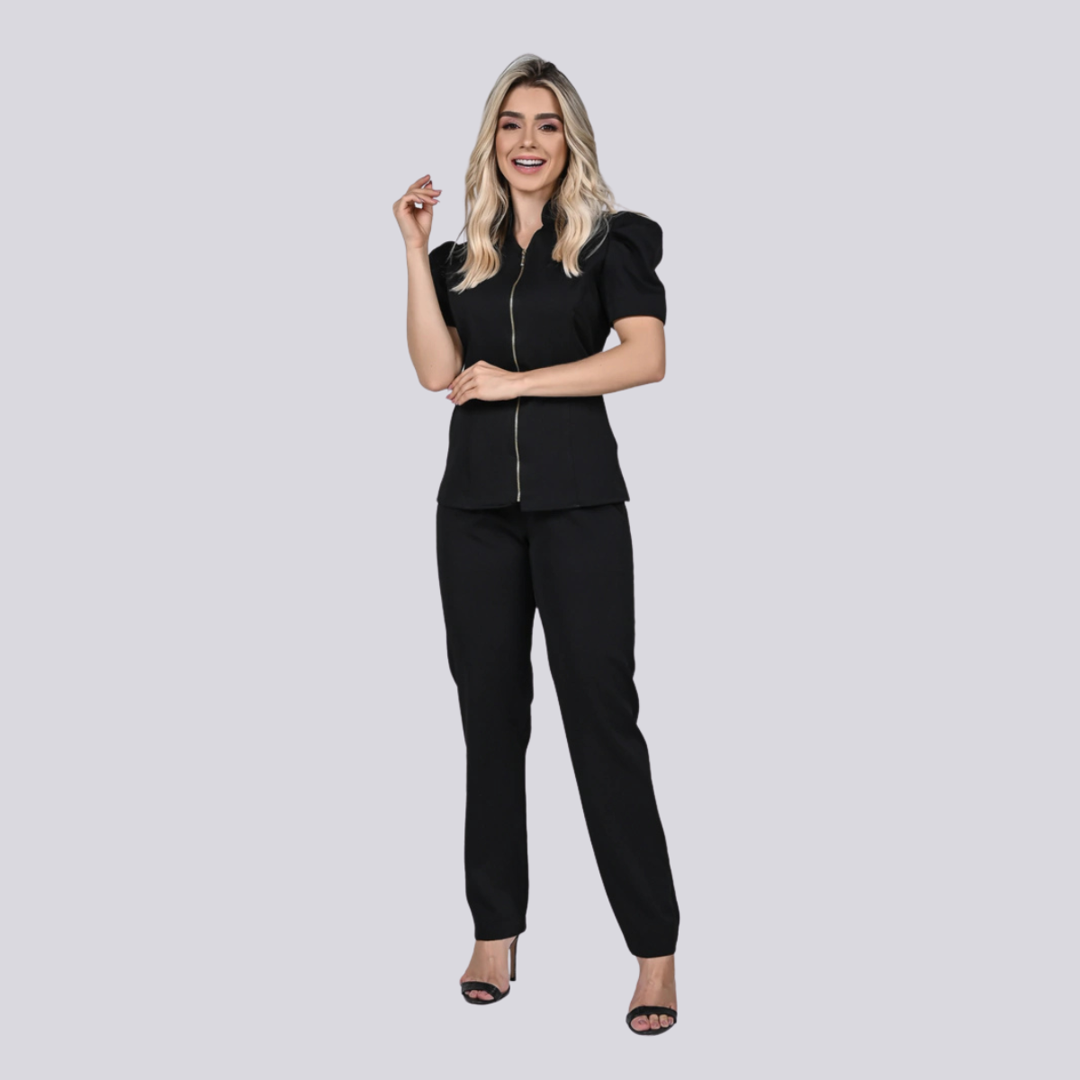 Women's Front Zip Puff Sleeve Workwear Scrub Top