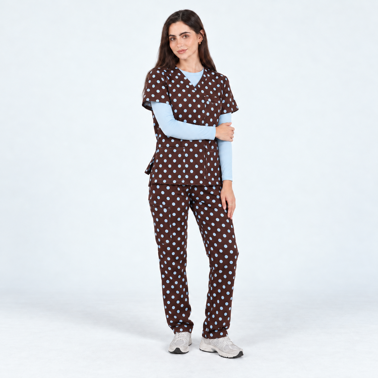Women’s V-Neck 3-Pocket Cocoa Sky Polka Dot Printed Scrub Top