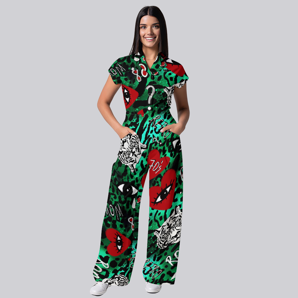 Women's Wide Leg Abstract Tiger Printed Scrub Jumpsuit