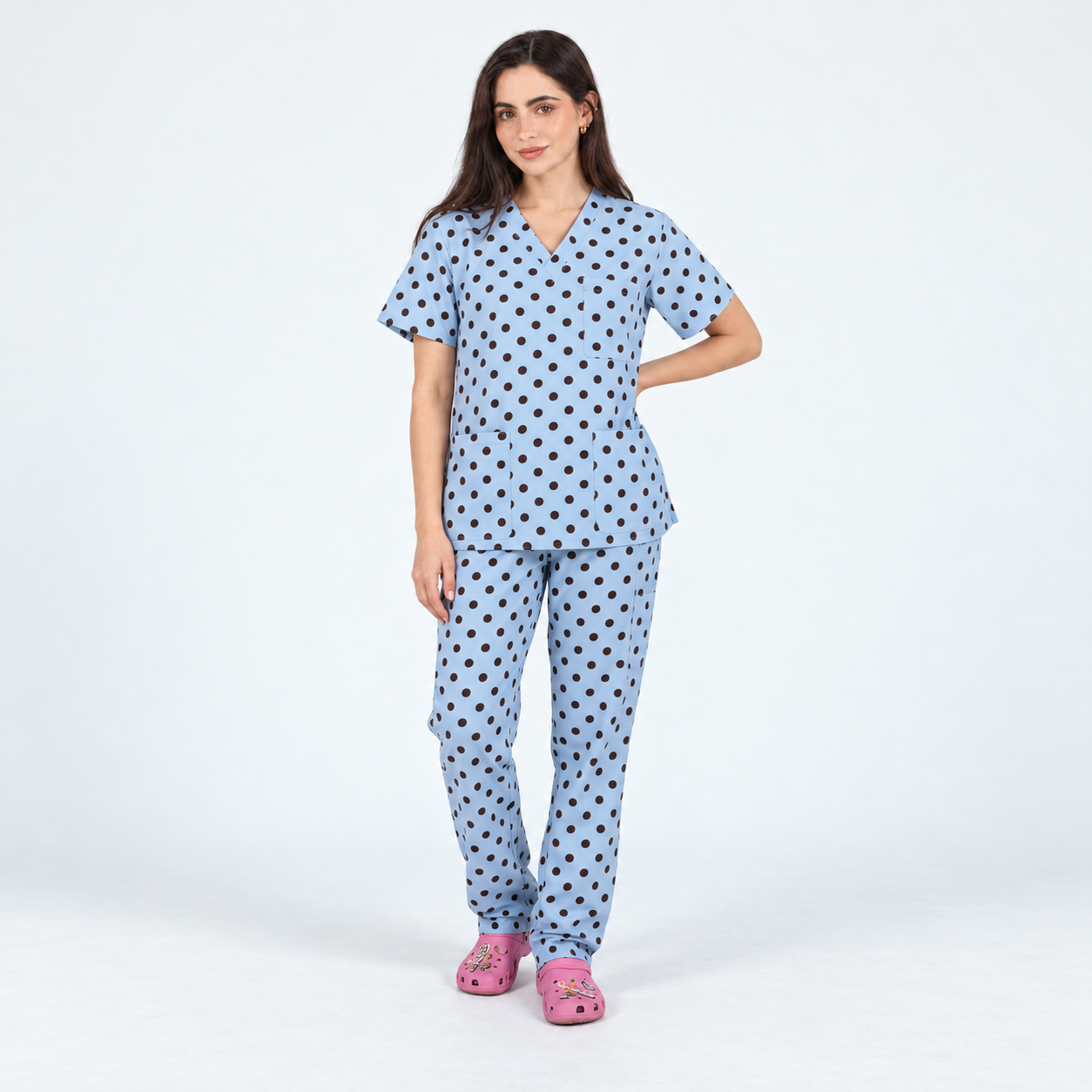Women’s 7-Pocket Cocoa Sky Polka Dot Printed Medical Scrub Set