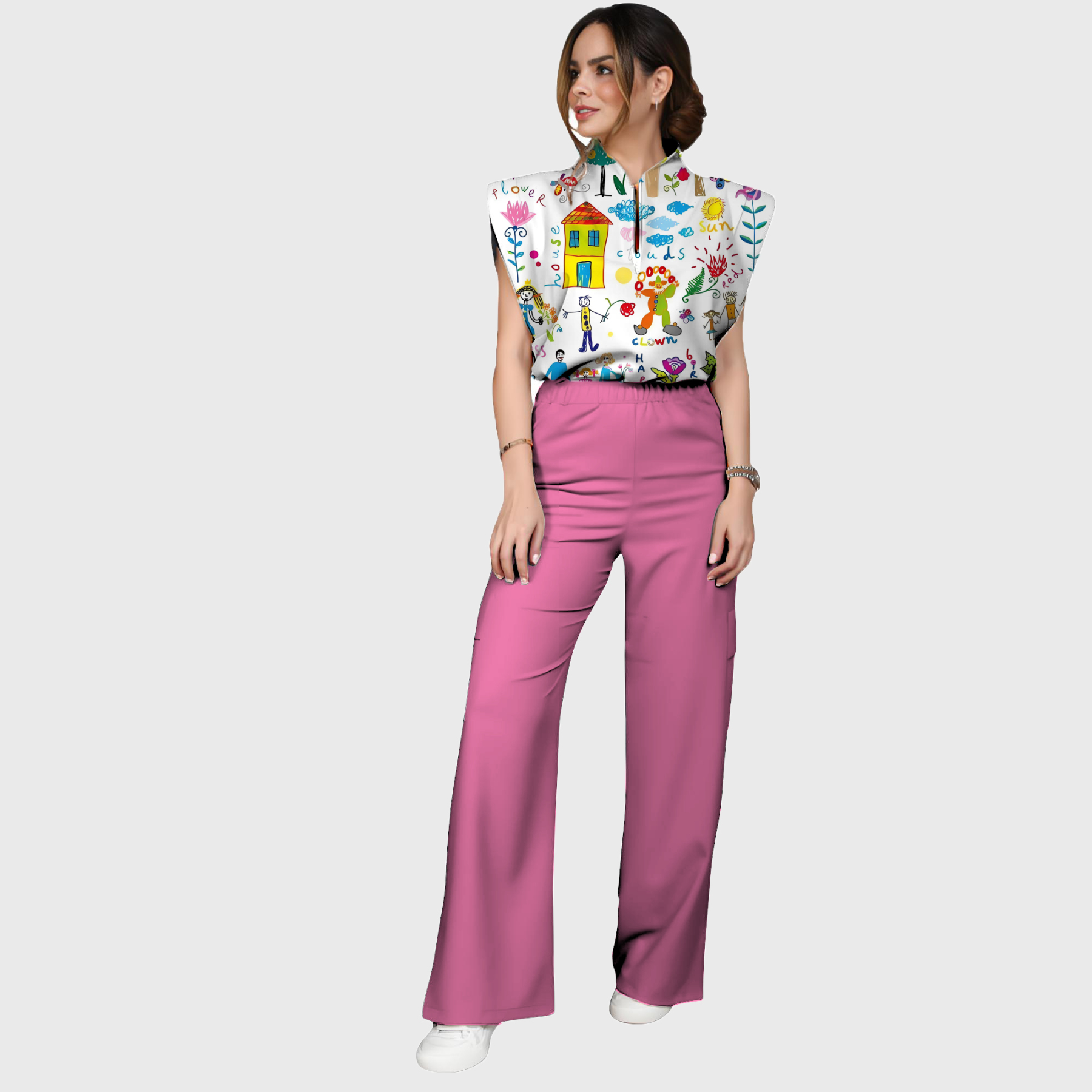 Women's Summer Camp Drawing Printed Scrub Set SP34