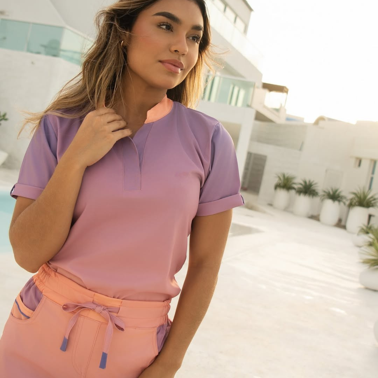 Women's Mandarin Collar Orange-purple Gradient Nurse Scrub Top