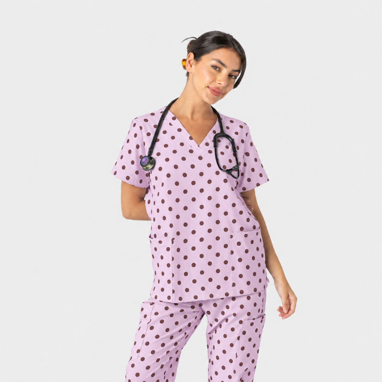 Women’s 7-Pocket Blush Polka Dot Printed Medical Scrub Set WD4