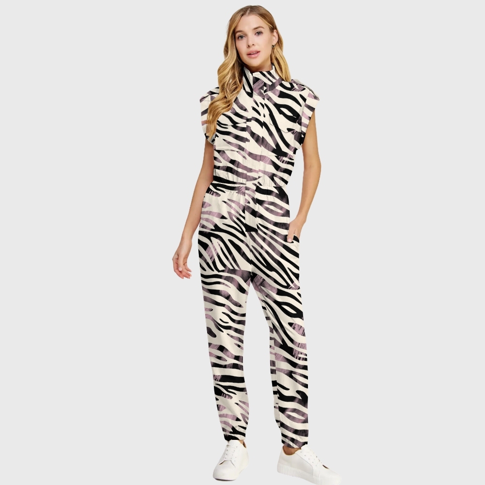 Women's High Neck Folded Sleeves with Epaulettes Jumpsuit