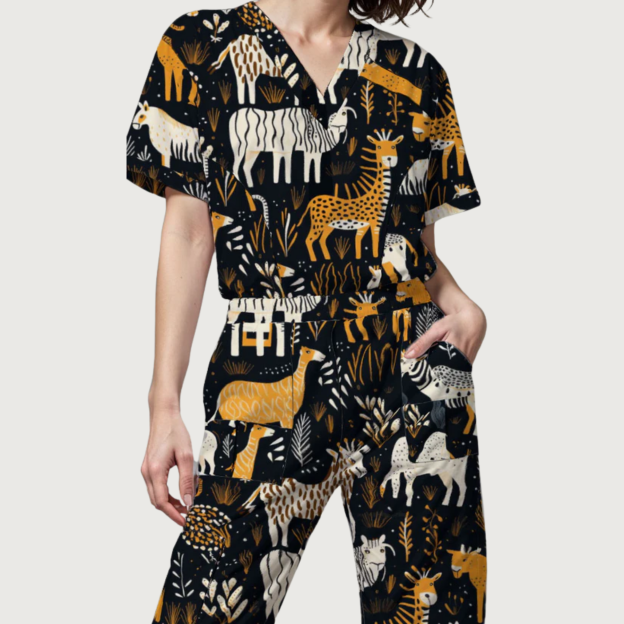 Women's Night at the Savanna V-neck Scrub Set SA9