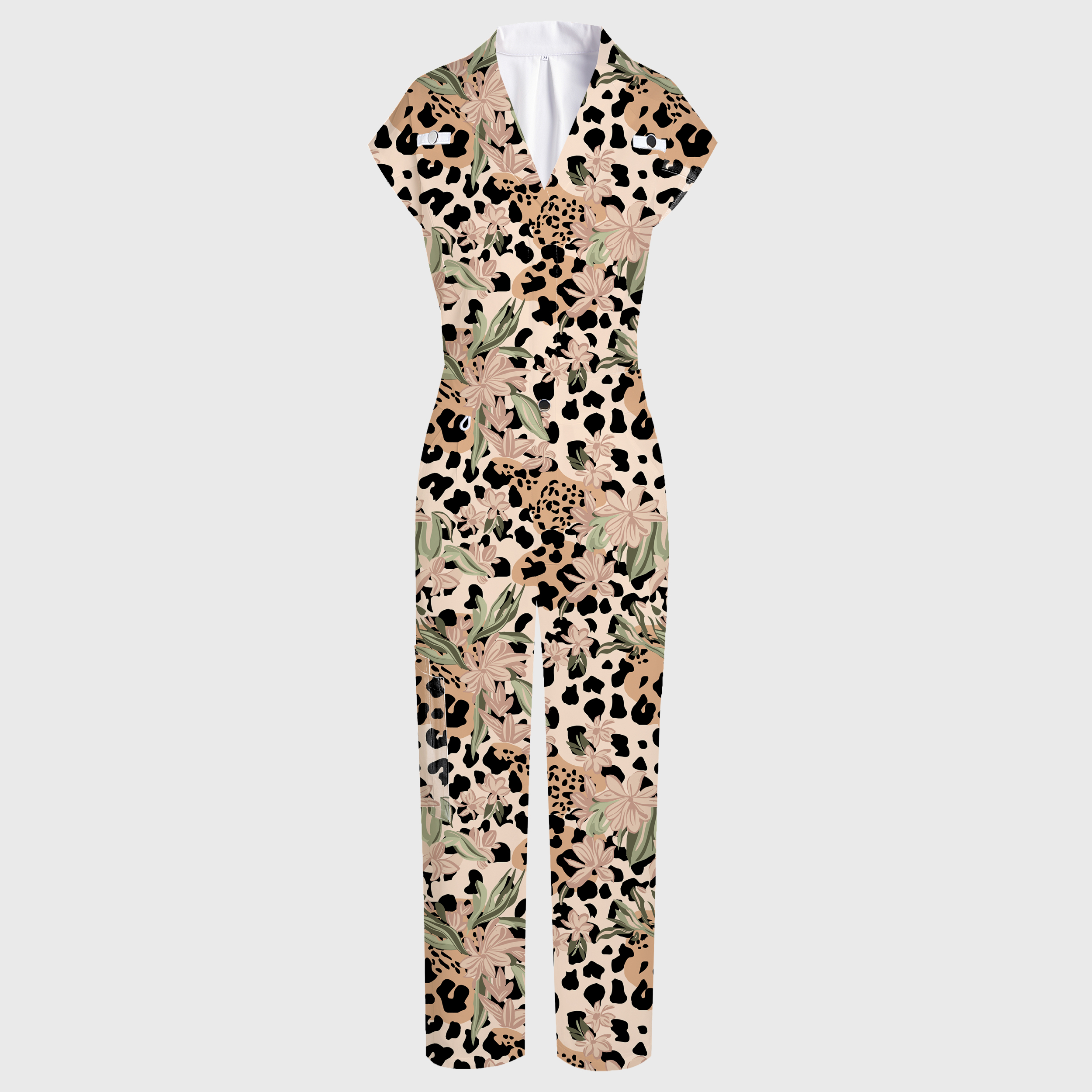 Women's Wide Leg Leopard Flower Print Scrub Jumpsuit