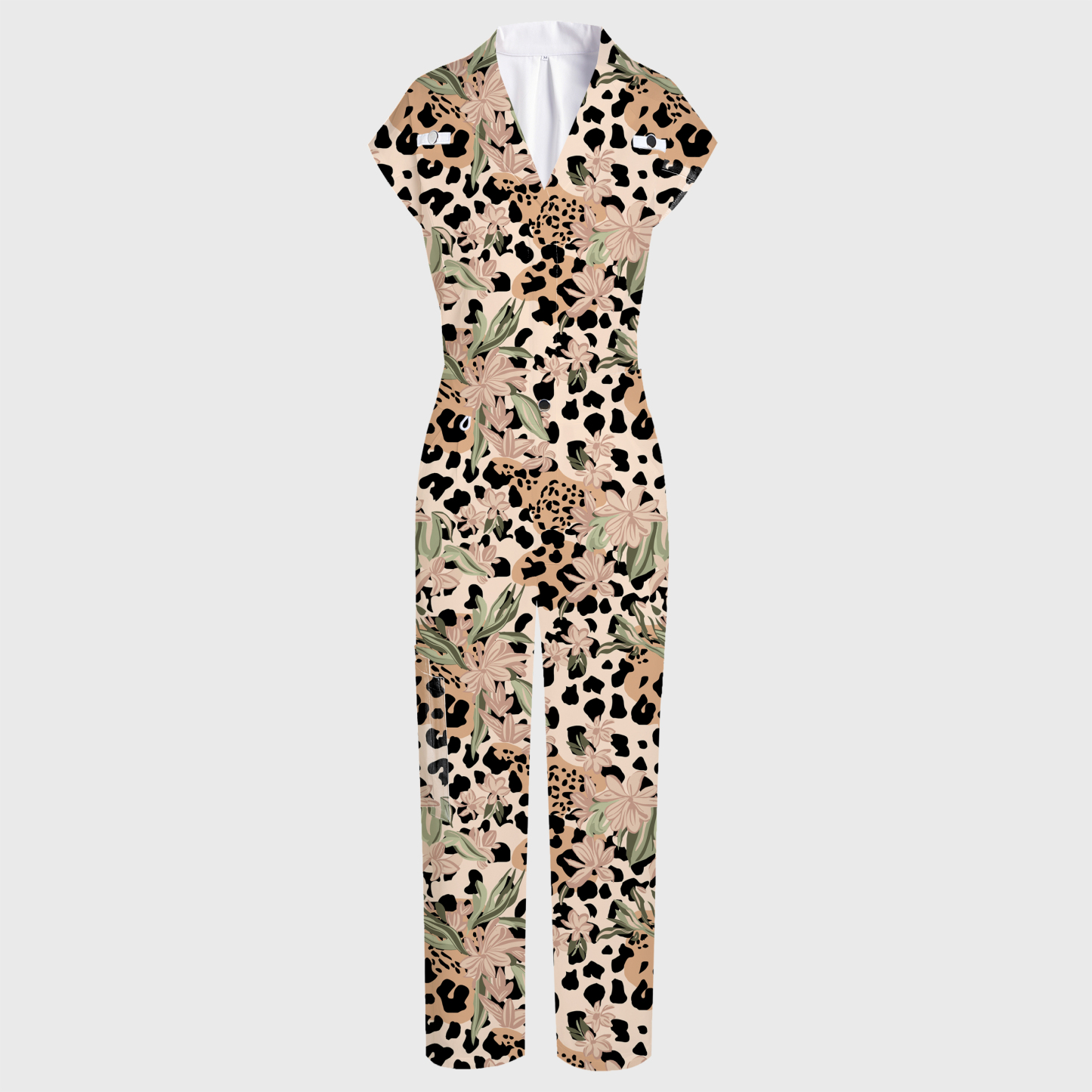 Women's Wide Leg Leopard Flower Print Scrub Jumpsuit