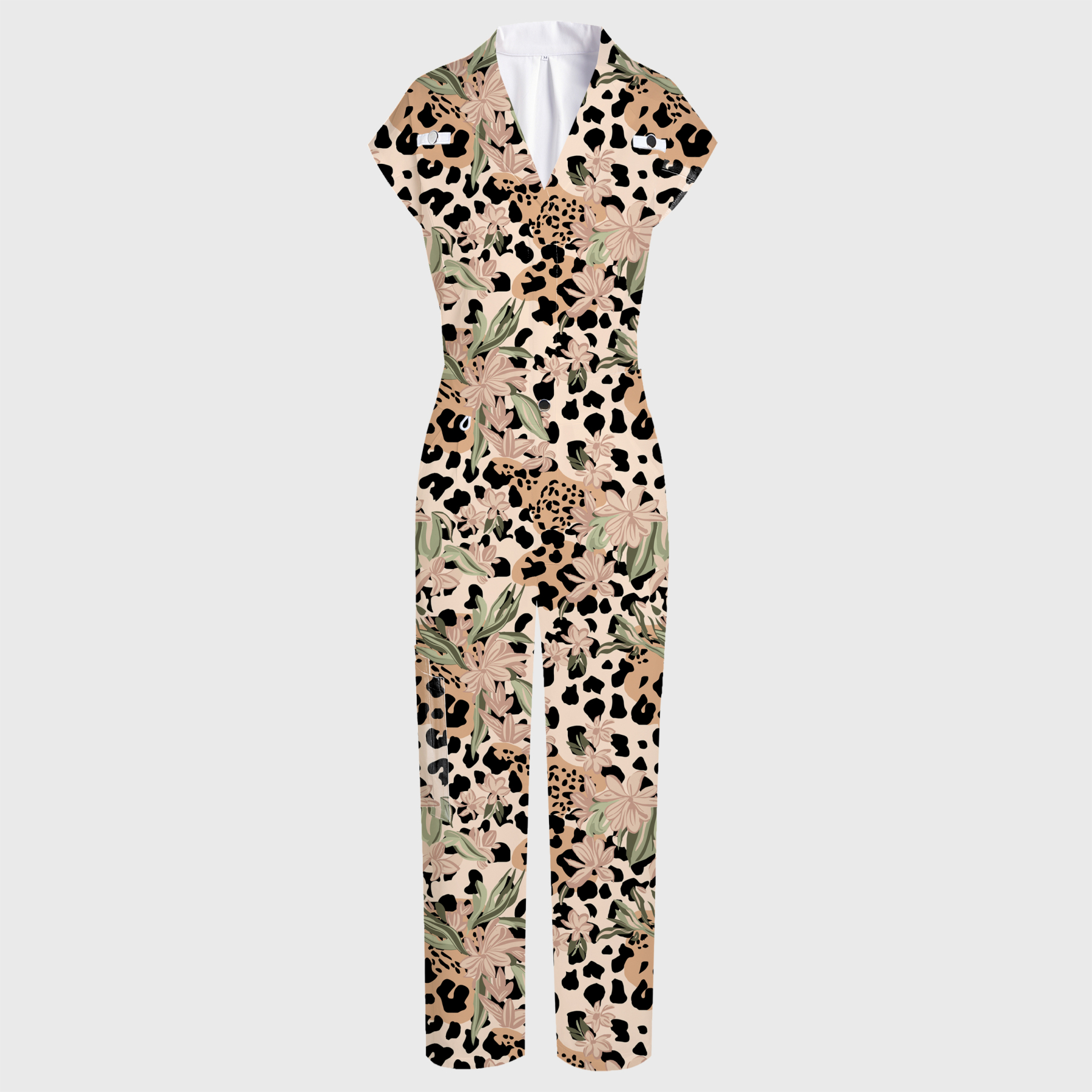 Women's Wide Leg Leopard Flower Print Scrub Jumpsuit