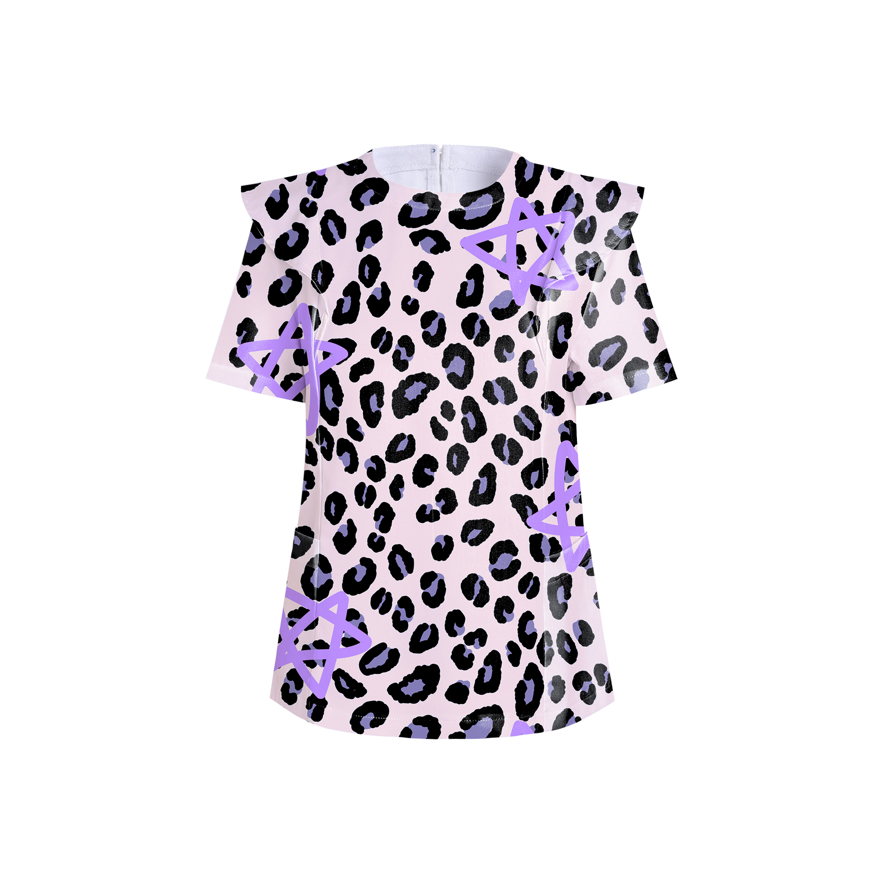 Women's Crew Neck Purple Star Leopard Printed Scrub Top