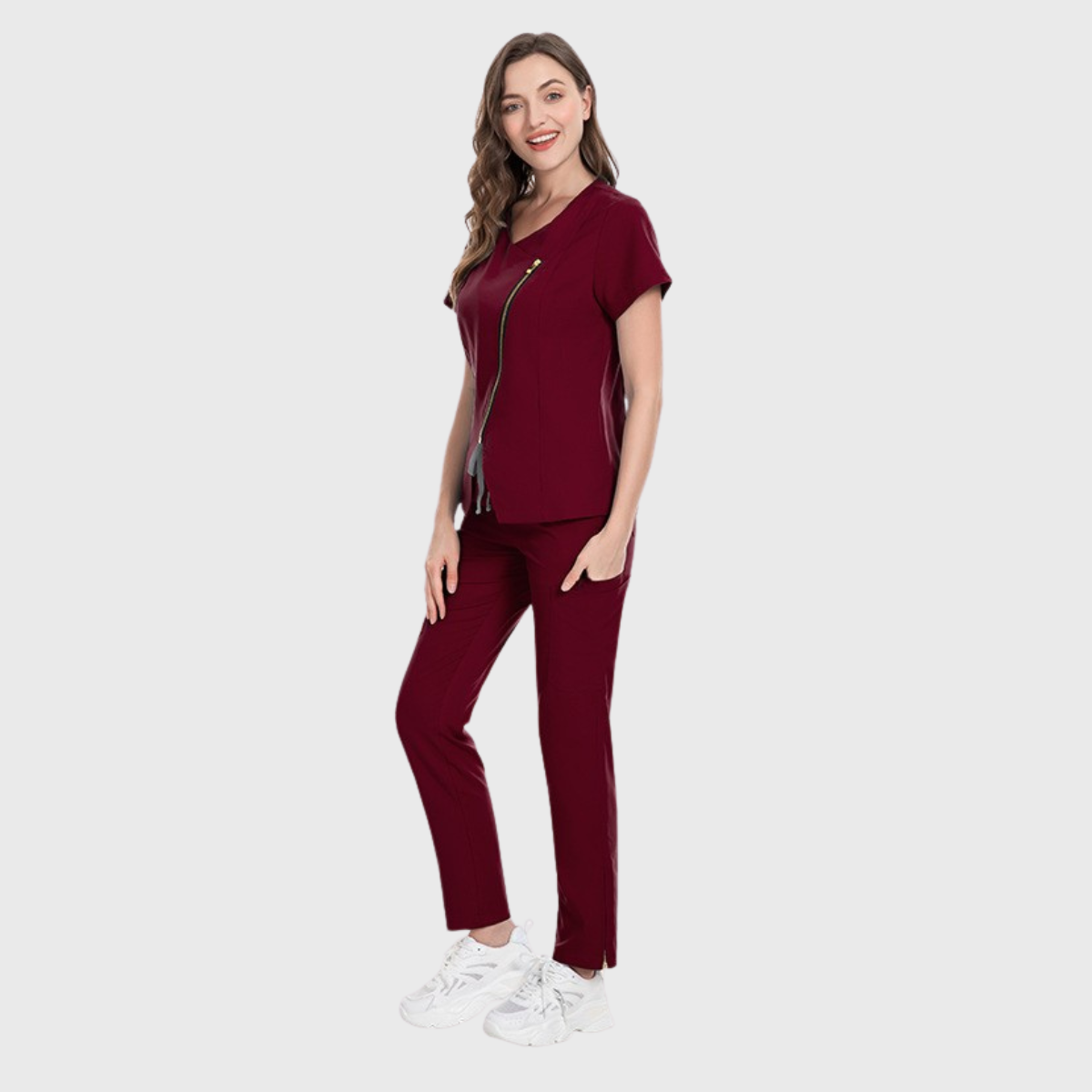 Women's Short-Sleeved Diagonal Zipper Scrub Set S3