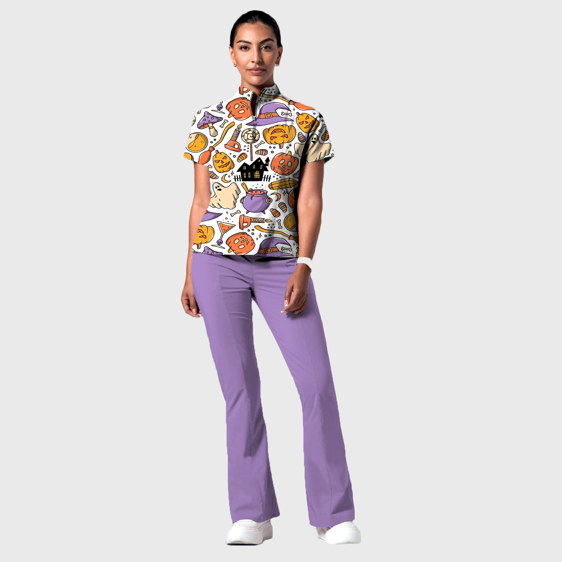 Women's Stand-Up Tie Zipper Cartoon Printed Scrub Set ST9121