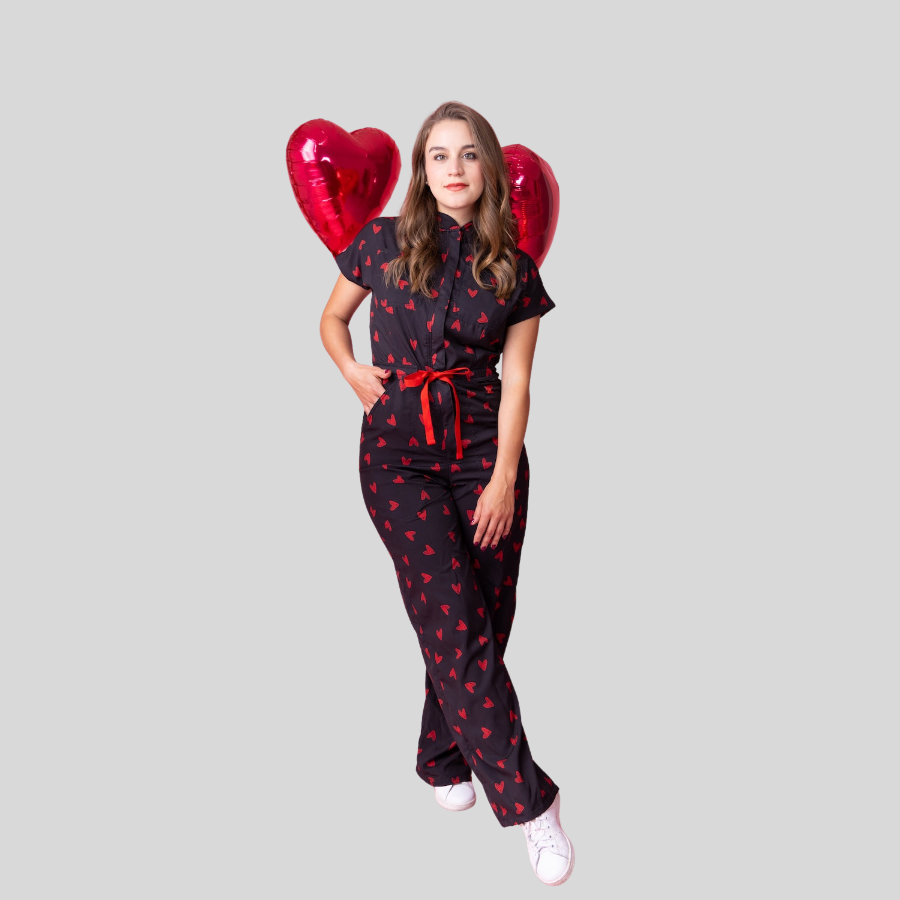 Women's Print Red Heart  Long Flared Cut Scrub Jumpsuit