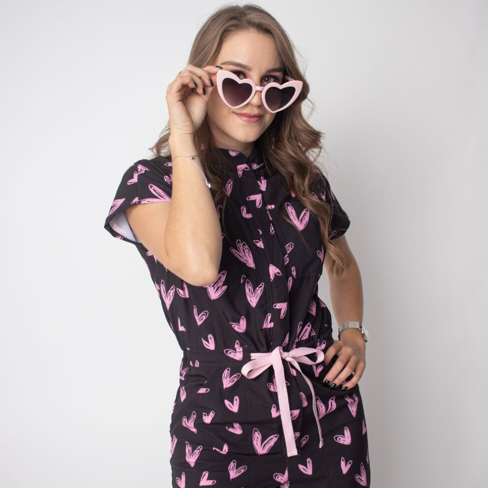 Women's Pink Heart Print Long Flared Cut Scrub Jumpsuit