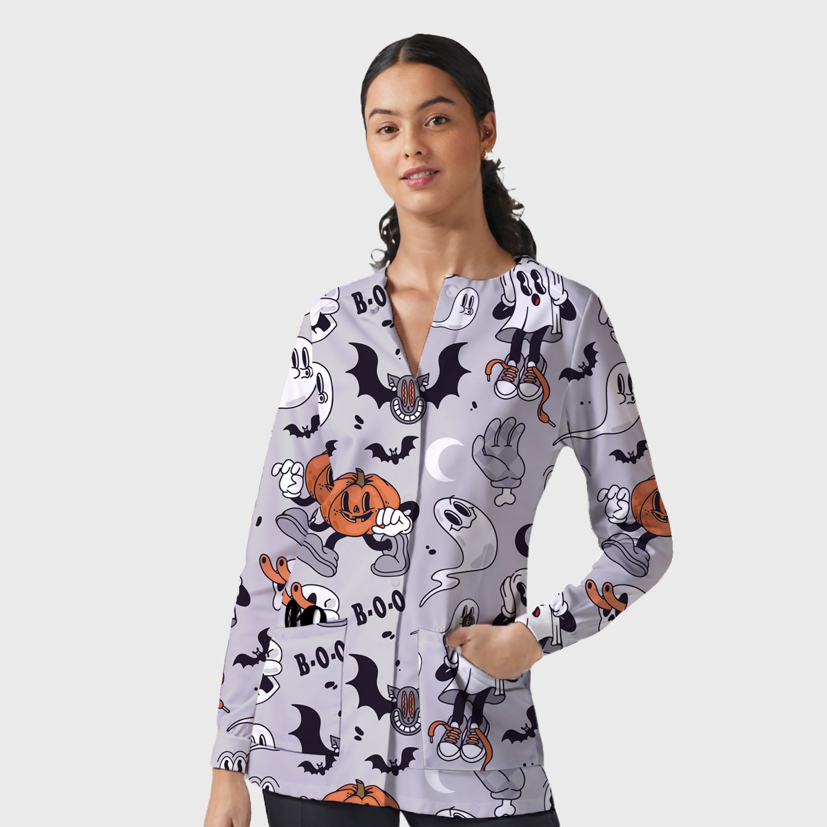 Happy BOO Halloween Long Sleeve Snap-Front Print Lightly Fleece Scrub Jacket