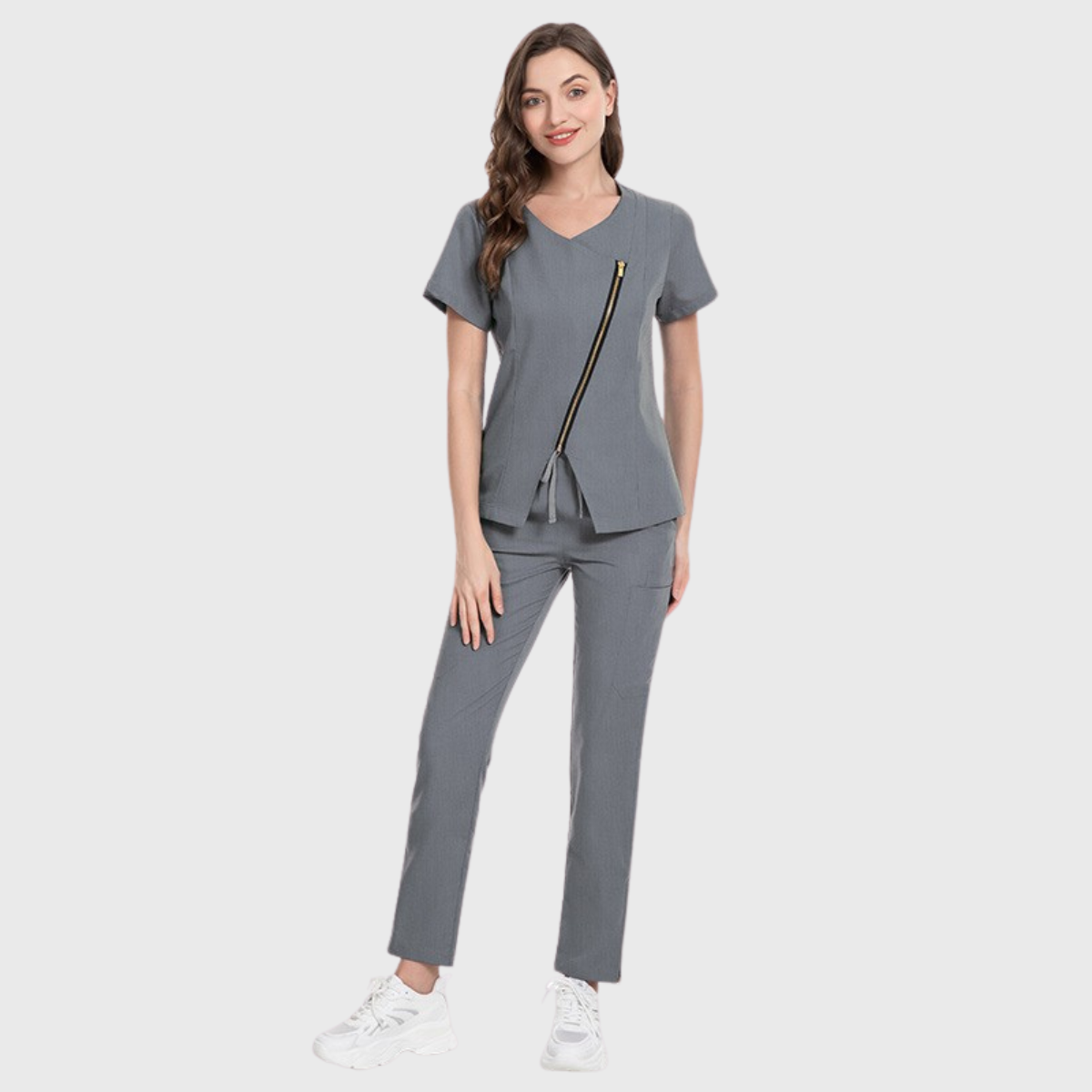 Women's Short-Sleeved Diagonal Zipper Scrub Set S3
