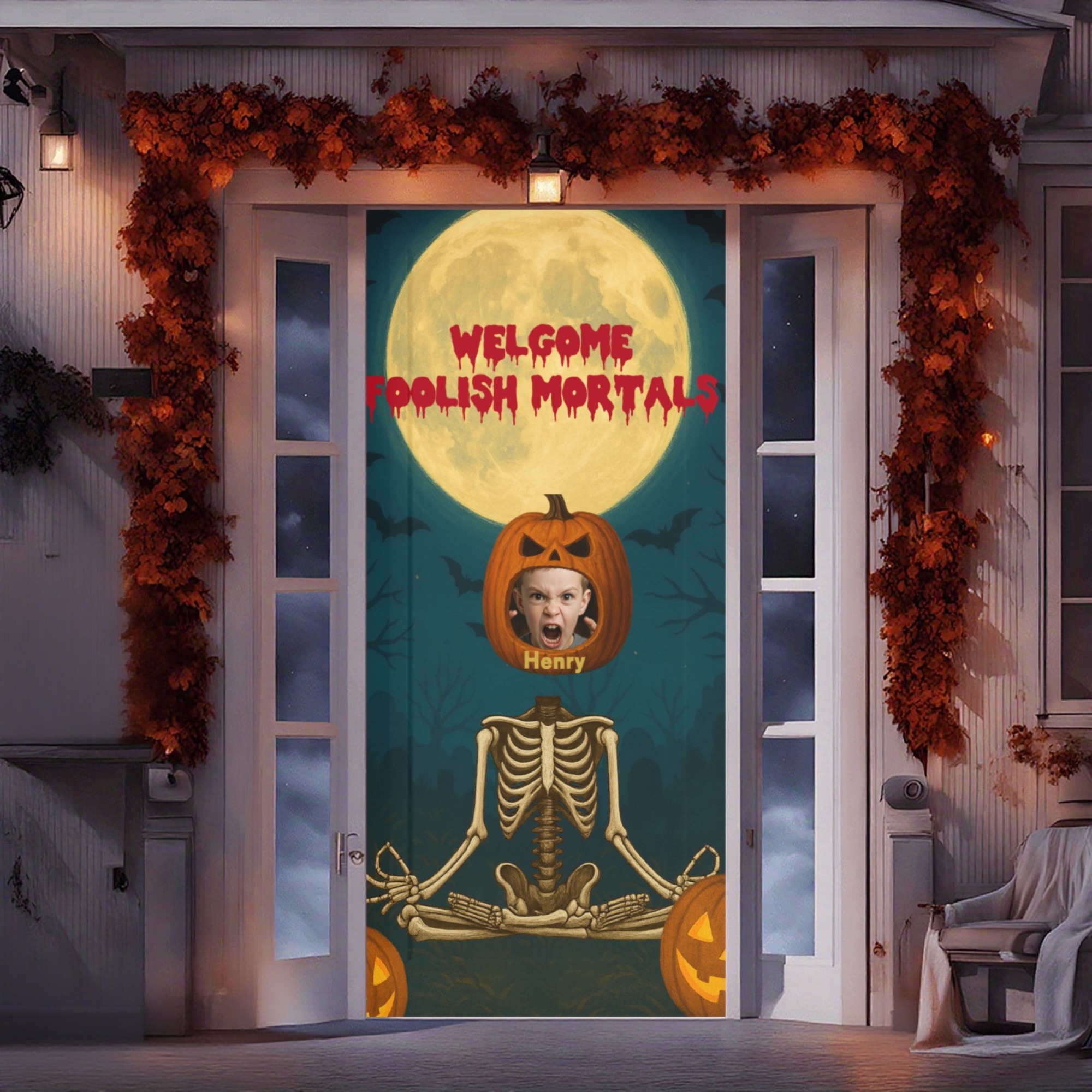 Custom Head Skeleton Pumpkin Door Cover