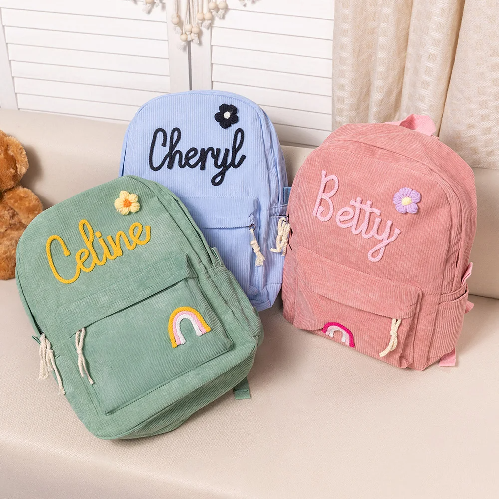 Personalized Braided Flower Rainbow Name Corduroy Kid Toddler Backpack for Preschool Kindergarten Birthday Back to School Gift for Boys Girls