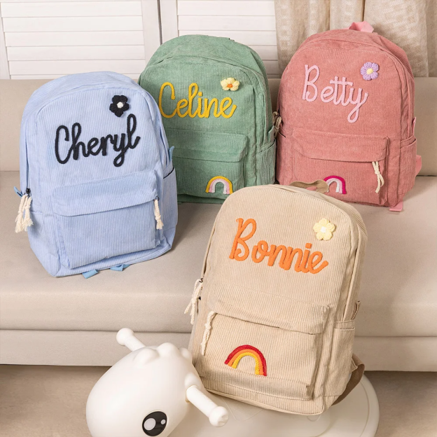 Personalized Braided Flower Rainbow Name Corduroy Kid Toddler Backpack for Preschool Kindergarten Birthday Back to School Gift for Boys Girls