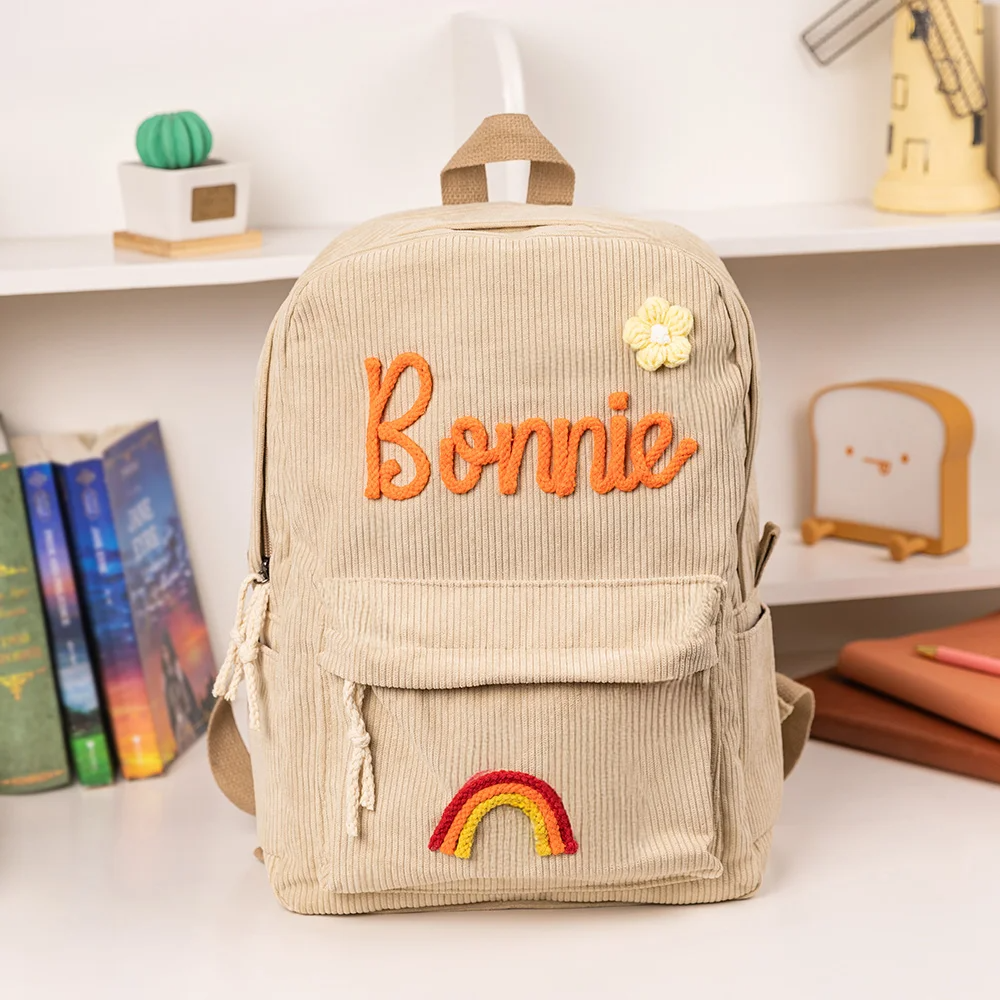 Personalized Braided Flower Rainbow Name Corduroy Kid Toddler Backpack for Preschool Kindergarten Birthday Back to School Gift for Boys Girls