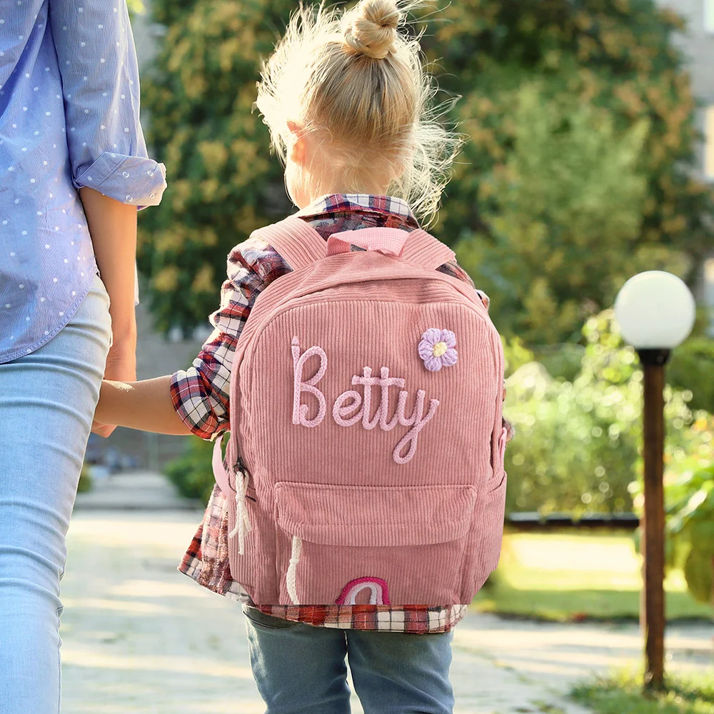 Personalized Braided Flower Rainbow Name Corduroy Kid Toddler Backpack for Preschool Kindergarten Birthday Back to School Gift for Boys Girls