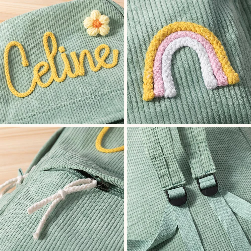 Personalized Braided Flower Rainbow Name Corduroy Kid Toddler Backpack for Preschool Kindergarten Birthday Back to School Gift for Boys Girls