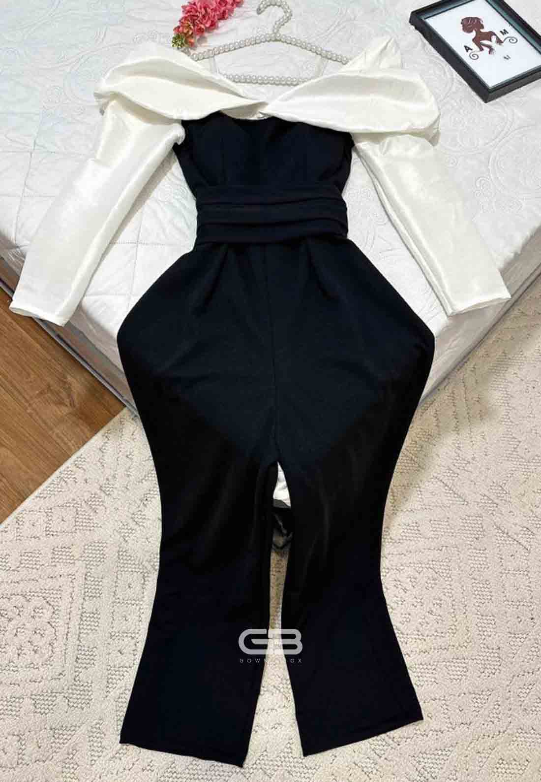 Black and White Jumpsuit Satin Long Sleeves Off the Shoulder Evening Gowns