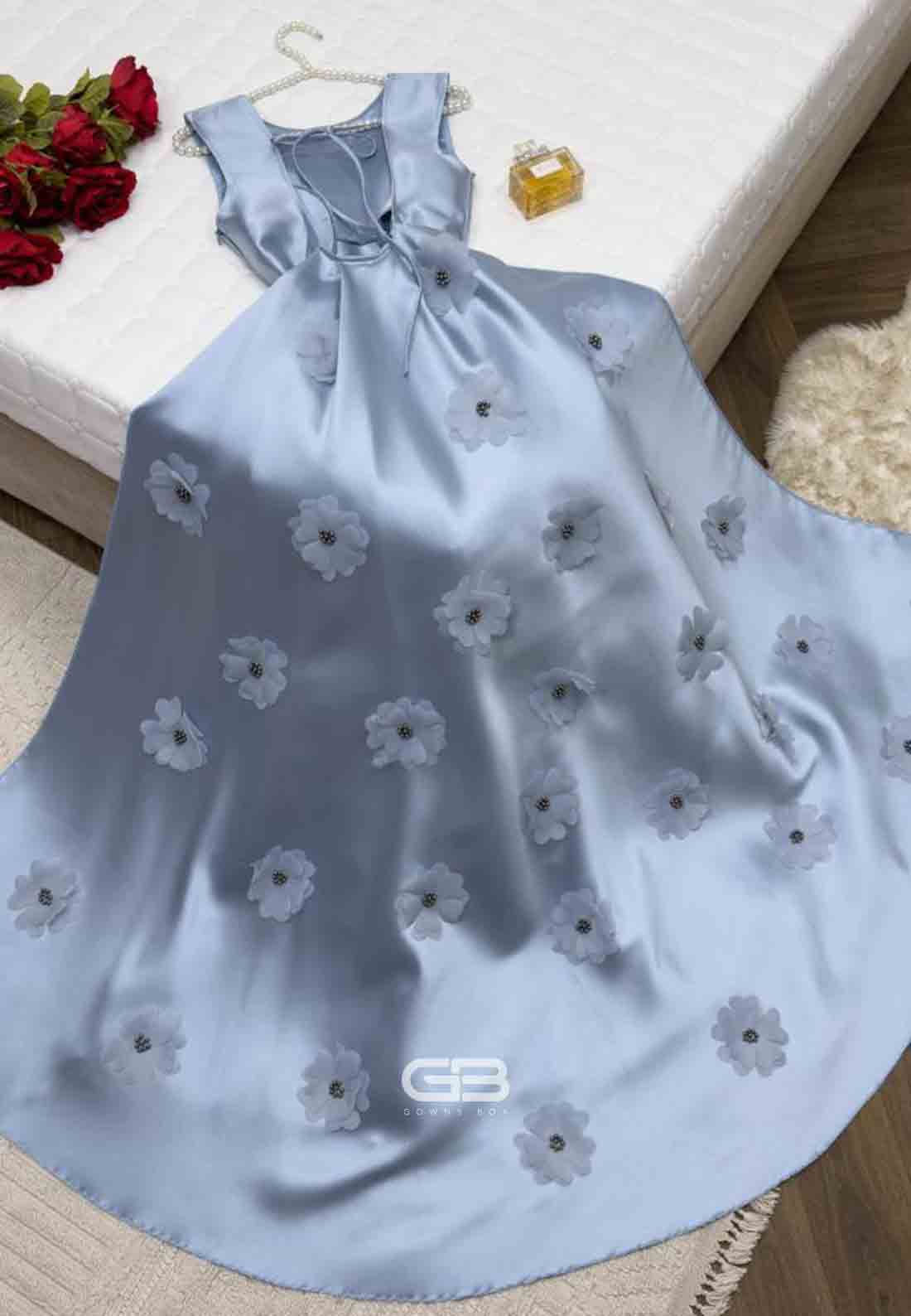 Satin A-Line Tie Back Light Blue Mermaid Evening Gowns with 3D Flowers