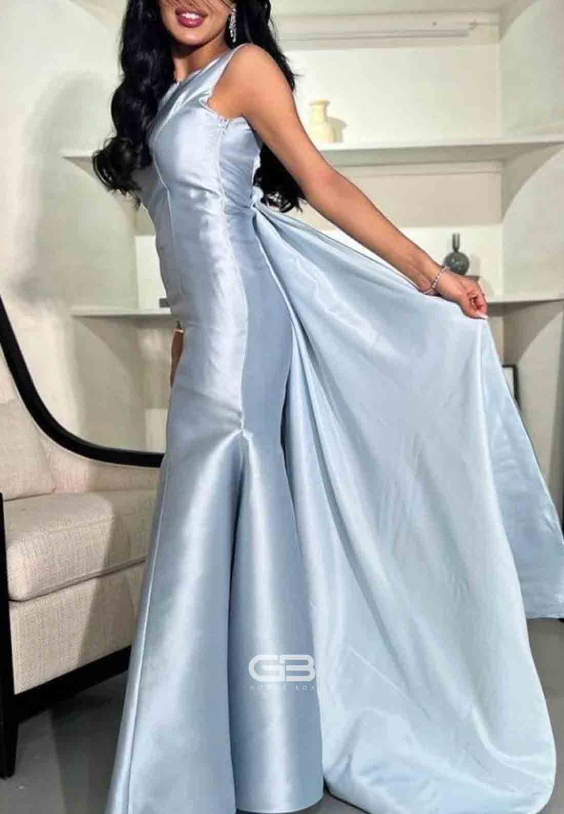Satin A-Line Tie Back Light Blue Mermaid Evening Gowns with 3D Flowers