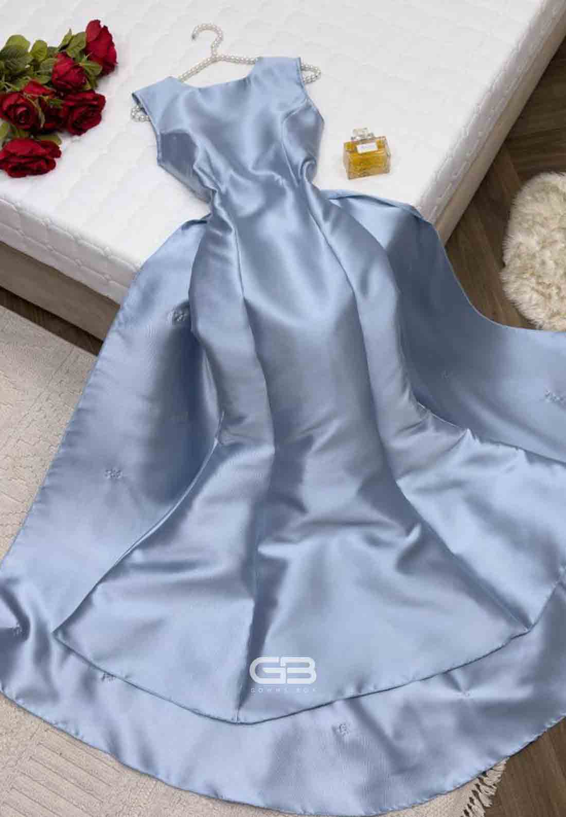 Satin A-Line Tie Back Light Blue Mermaid Evening Gowns with 3D Flowers