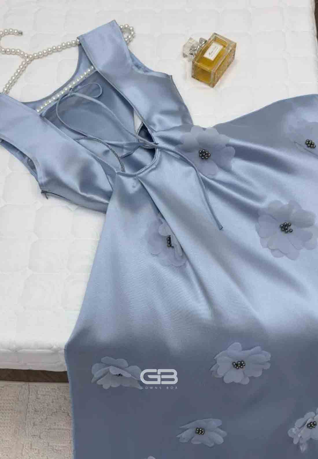 Satin A-Line Tie Back Light Blue Mermaid Evening Gowns with 3D Flowers