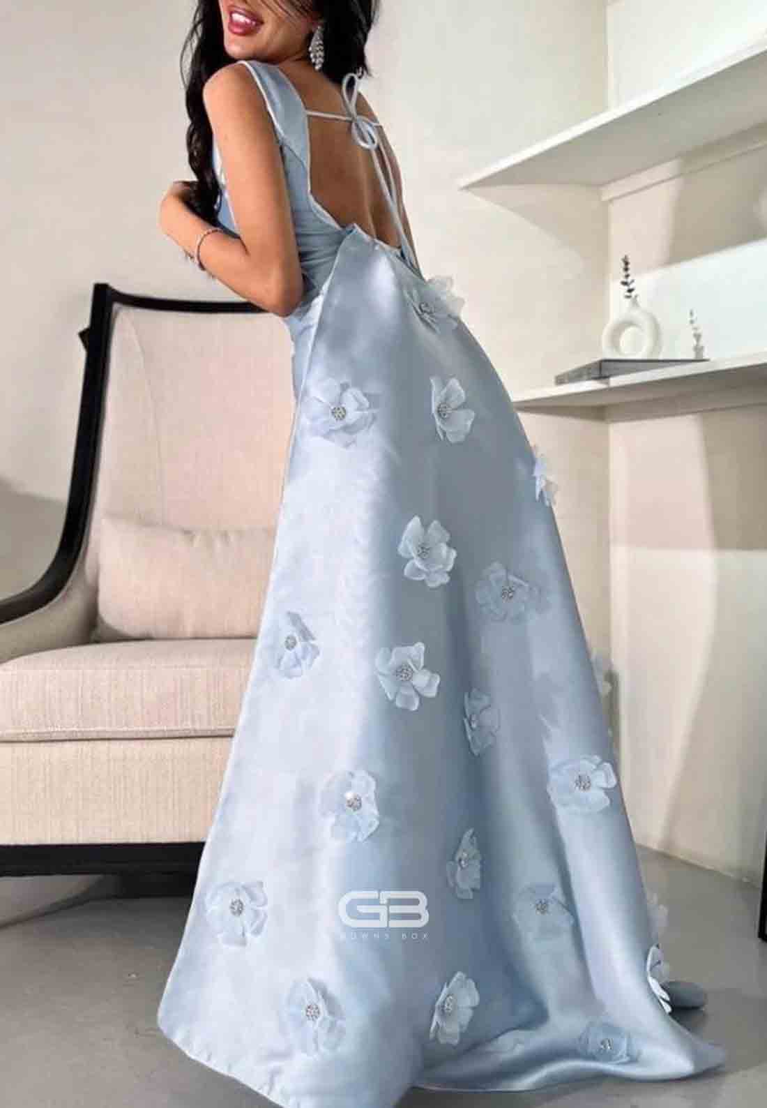 Satin A-Line Tie Back Light Blue Mermaid Evening Gowns with 3D Flowers