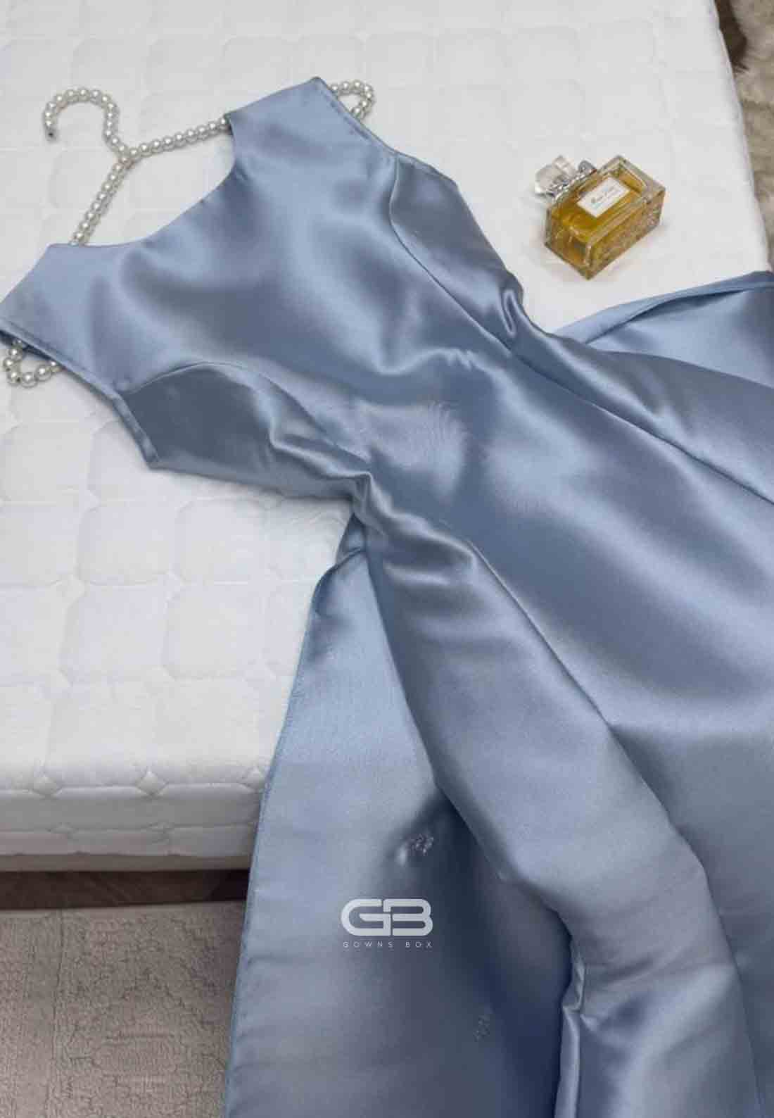 Satin A-Line Tie Back Light Blue Mermaid Evening Gowns with 3D Flowers