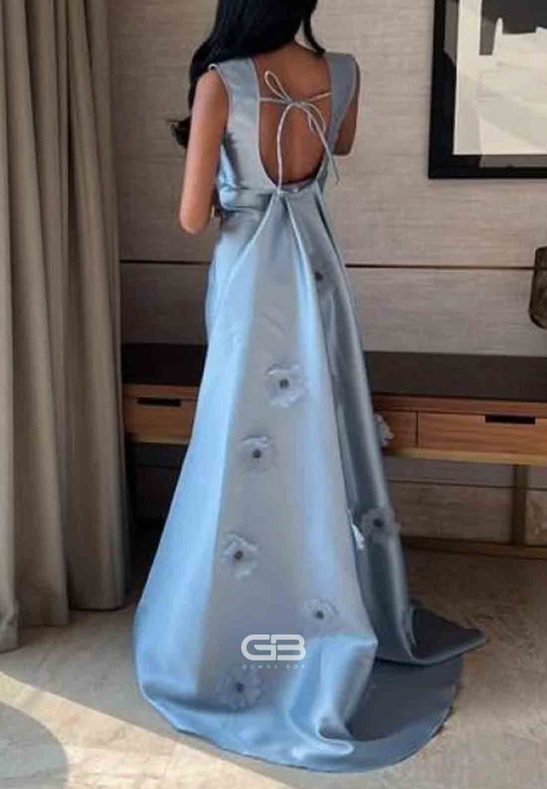 Satin A-Line Tie Back Light Blue Mermaid Evening Gowns with 3D Flowers