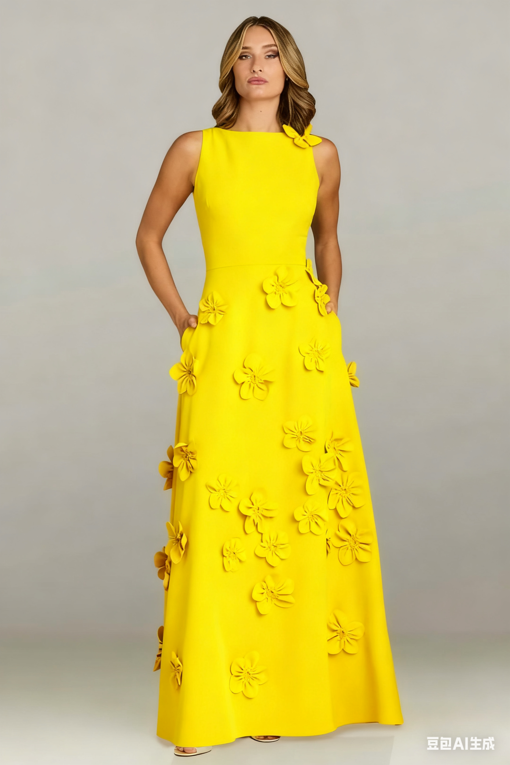 A Line Bateau 3D Flowers Long Evening Dress with Pockets Elegant Mother of the Bride Dress