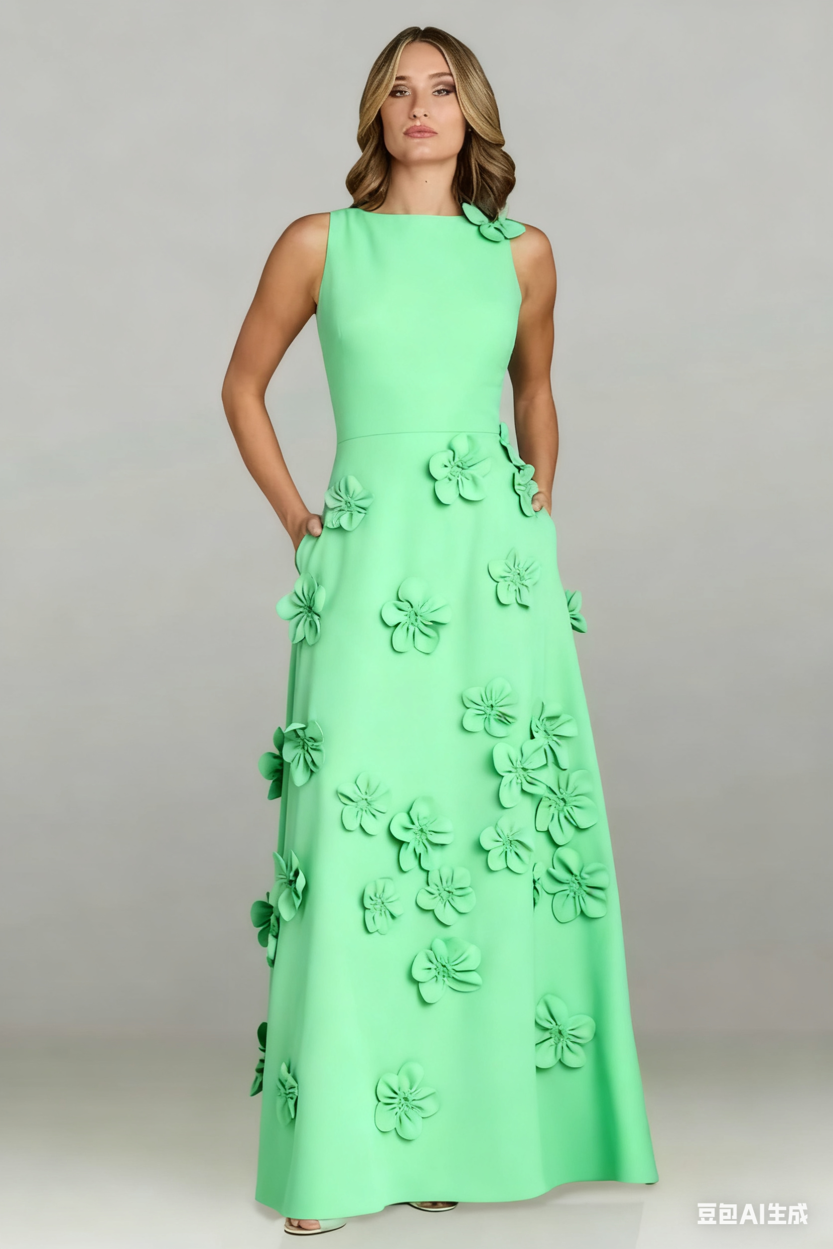 A Line Bateau 3D Flowers Long Evening Dress with Pockets Elegant Mother of the Bride Dress