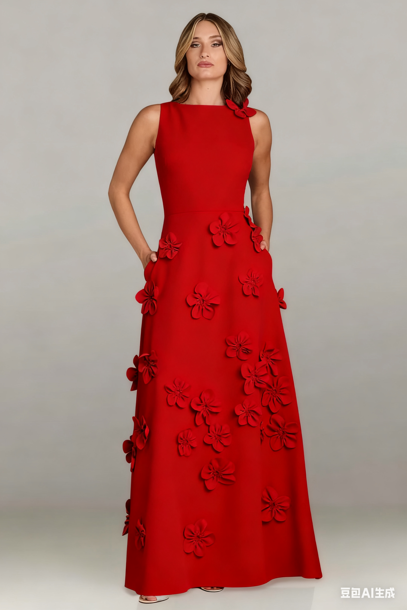 A Line Bateau 3D Flowers Long Evening Dress with Pockets Elegant Mother of the Bride Dress