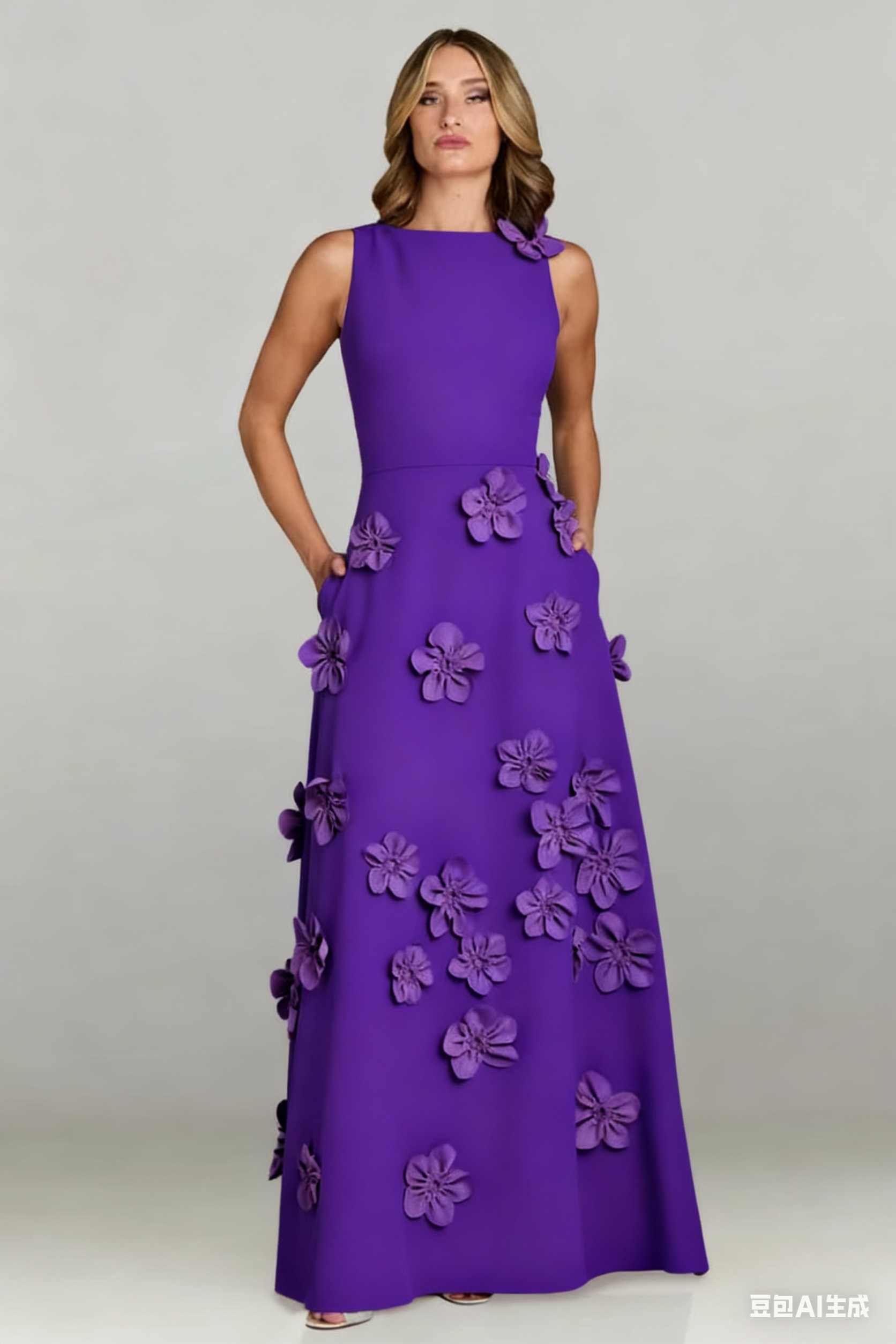 A Line Bateau 3D Flowers Long Evening Dress with Pockets Elegant Mother of the Bride Dress