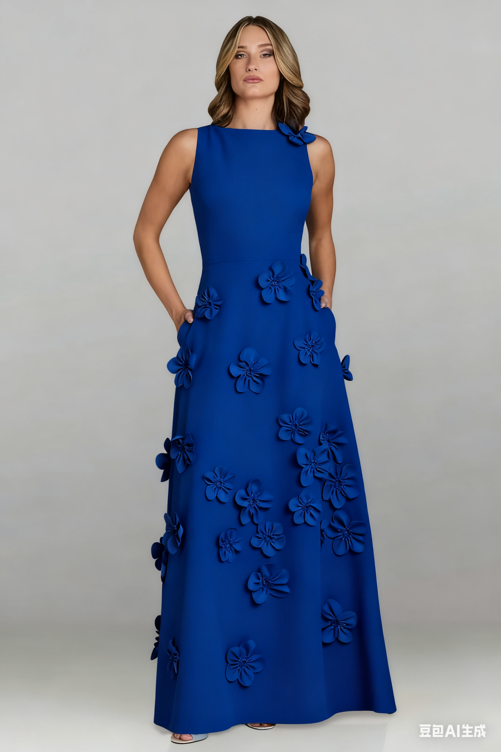 A Line Bateau 3D Flowers Long Evening Dress with Pockets Elegant Mother of the Bride Dress