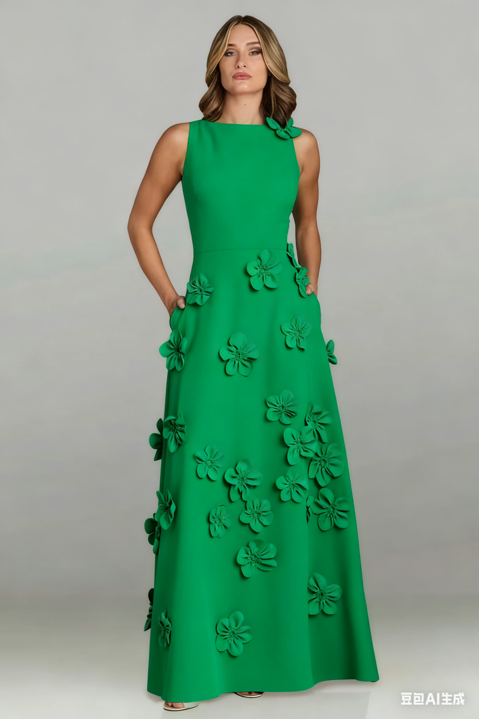 A Line Bateau 3D Flowers Long Evening Dress with Pockets Elegant Mother of the Bride Dress