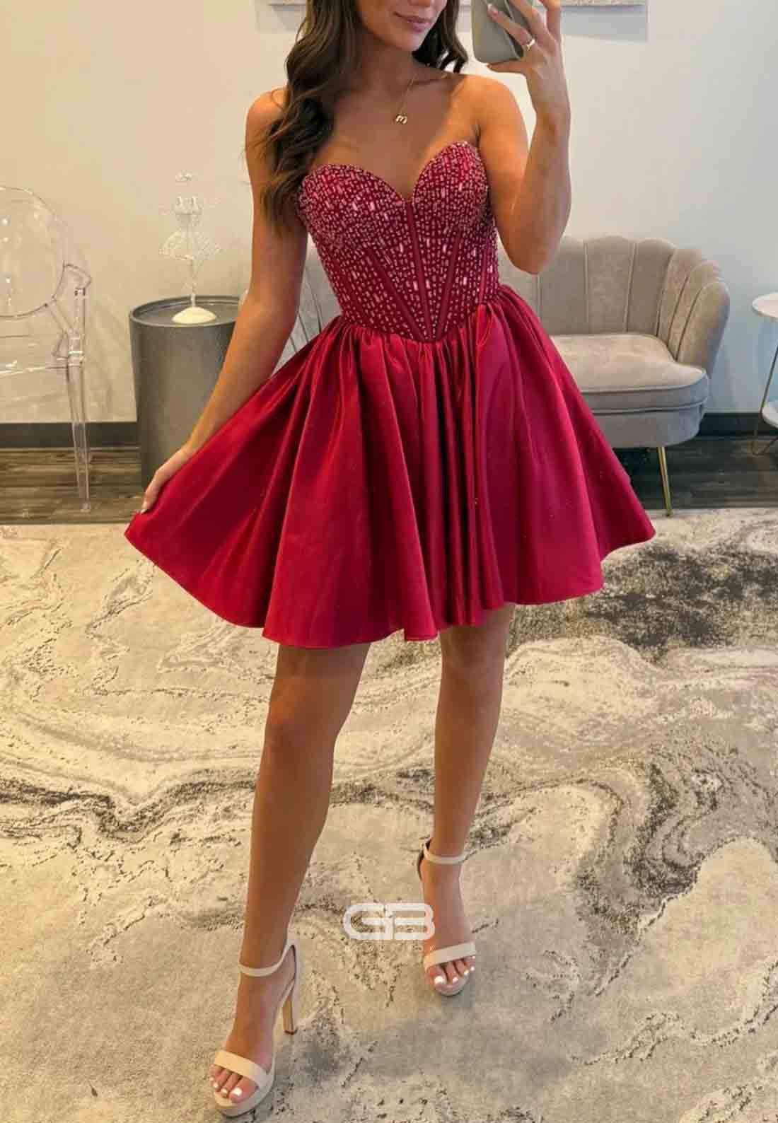 Satin Short Homecoming Dress with Beaded Corset Bodice and Sweetheart Neckline