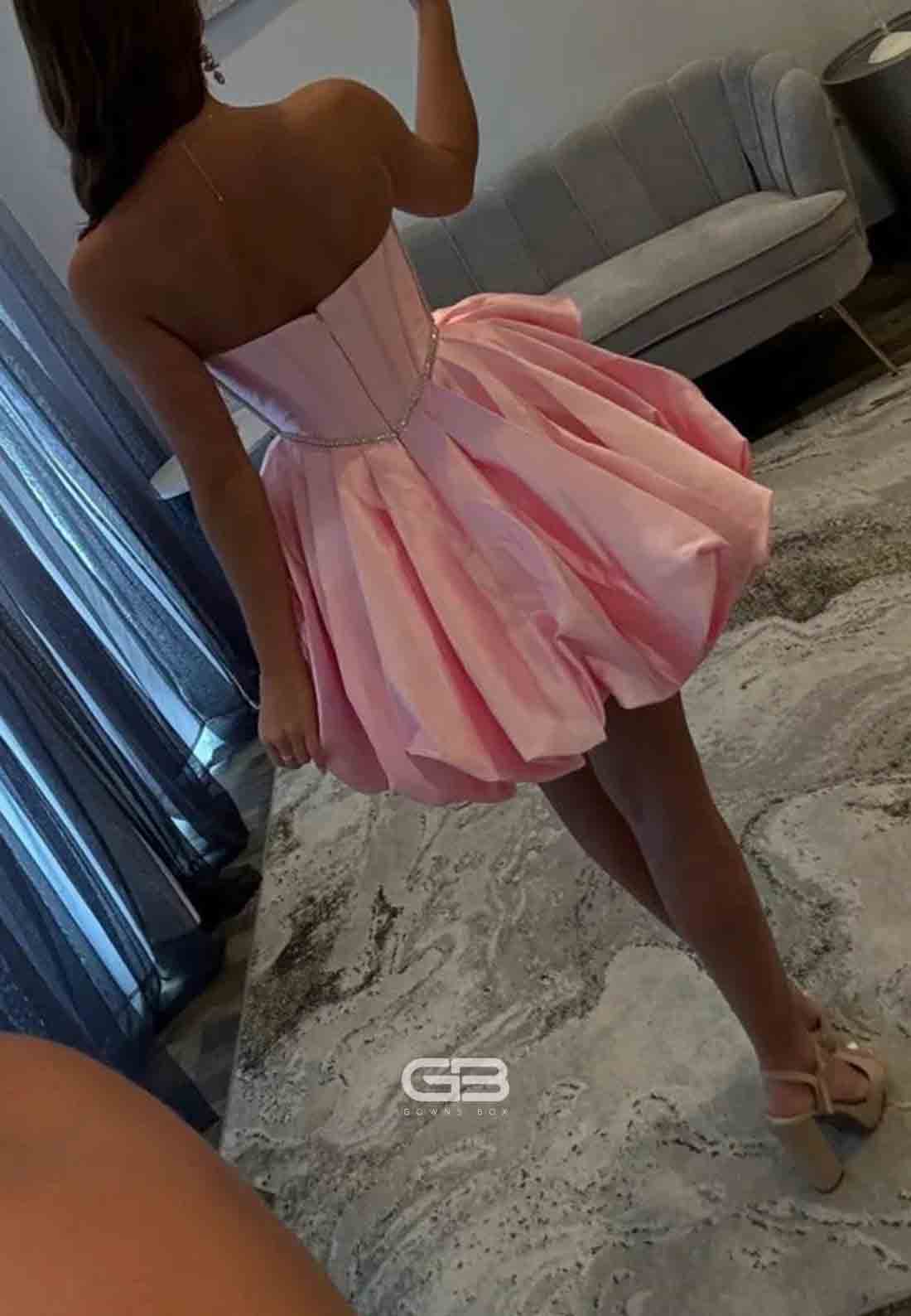 Pink Strapless Bubble Hem Homecoming Dress with Rhinestone Corset Bodice and Bow