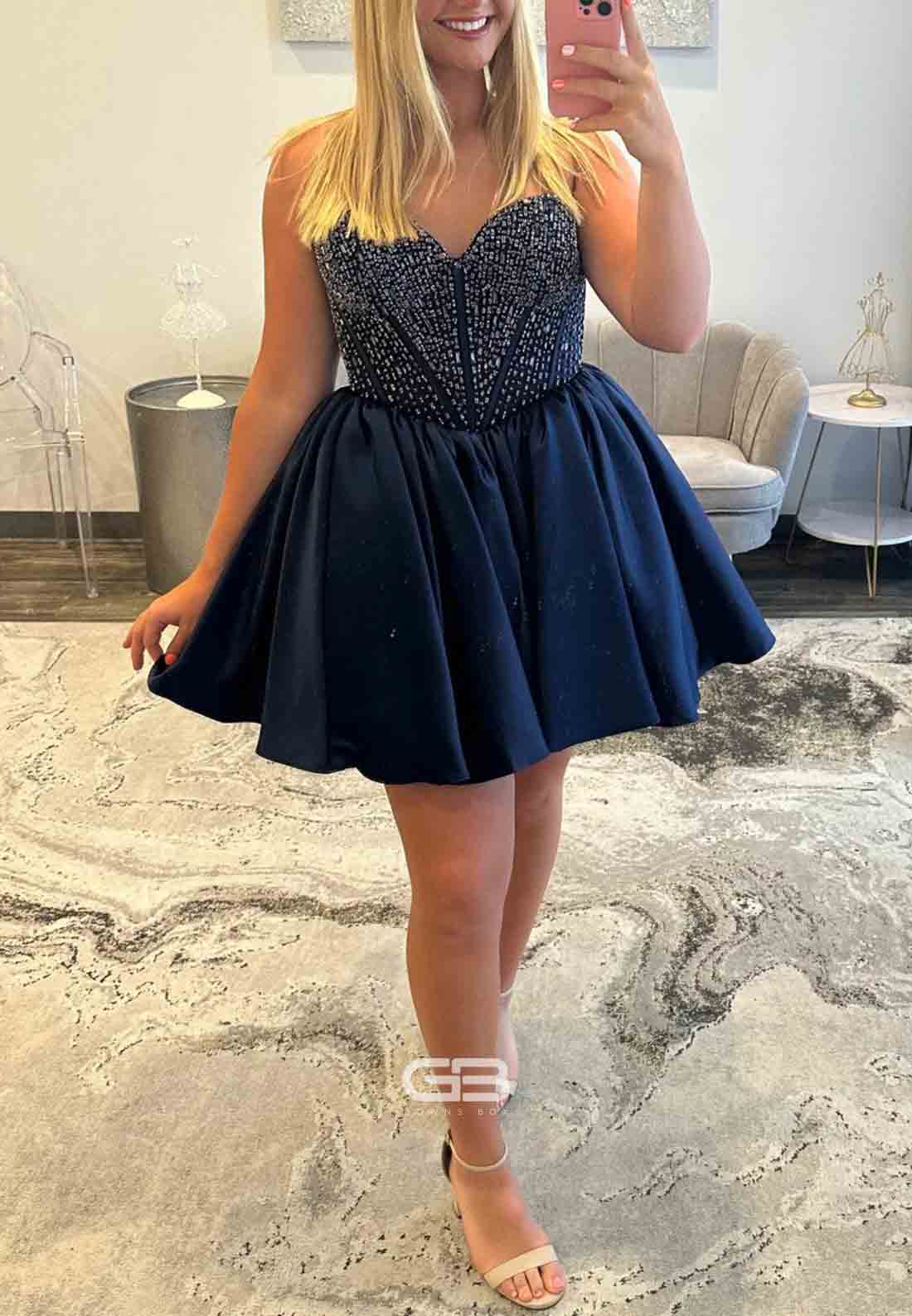 Satin Short Homecoming Dress with Beaded Corset Bodice and Sweetheart Neckline