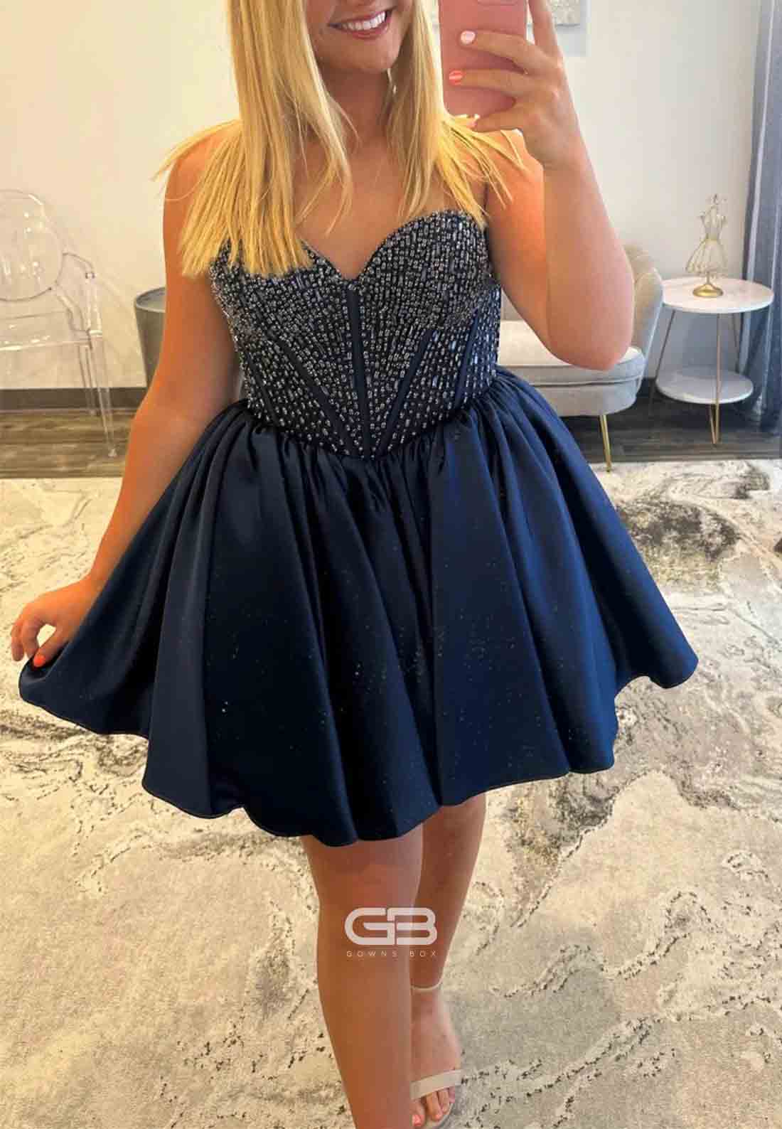 Satin Short Homecoming Dress with Beaded Corset Bodice and Sweetheart Neckline