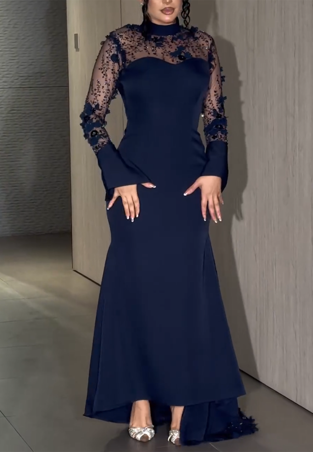 Navy Blue Lace Bell Sleeves Asymmetrical High Neck Trumpet Evening Gowns