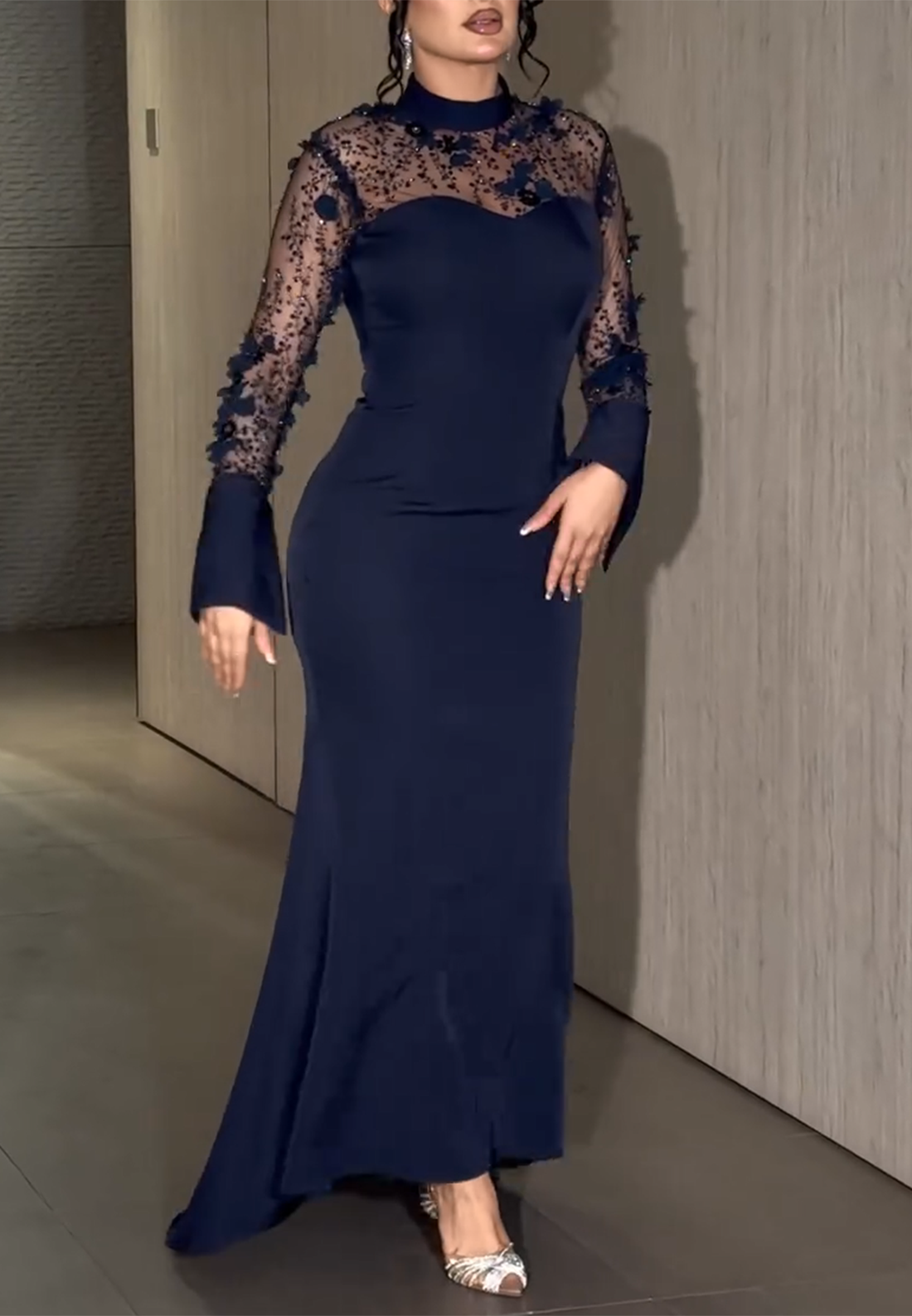 Navy Blue Lace Bell Sleeves Asymmetrical High Neck Trumpet Evening Gowns