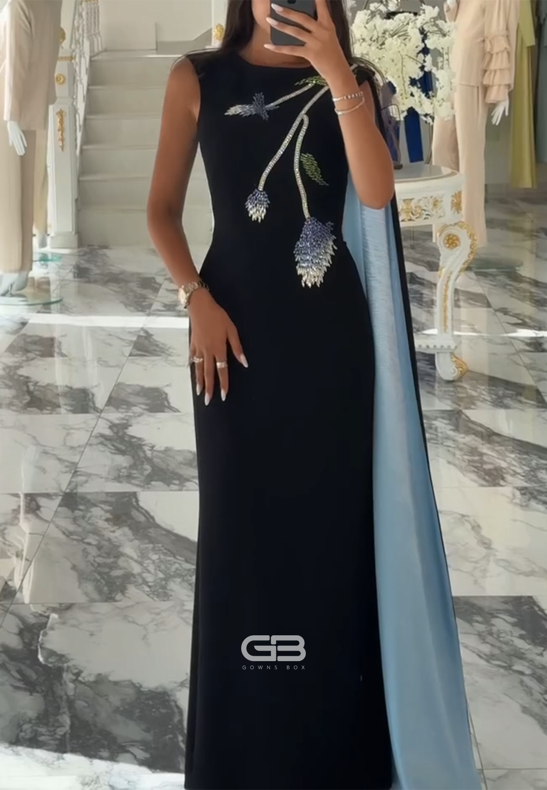 Sleeveless Floor-Length Bateau Neck Trumpet Evening Gowns with Beading and Cape
