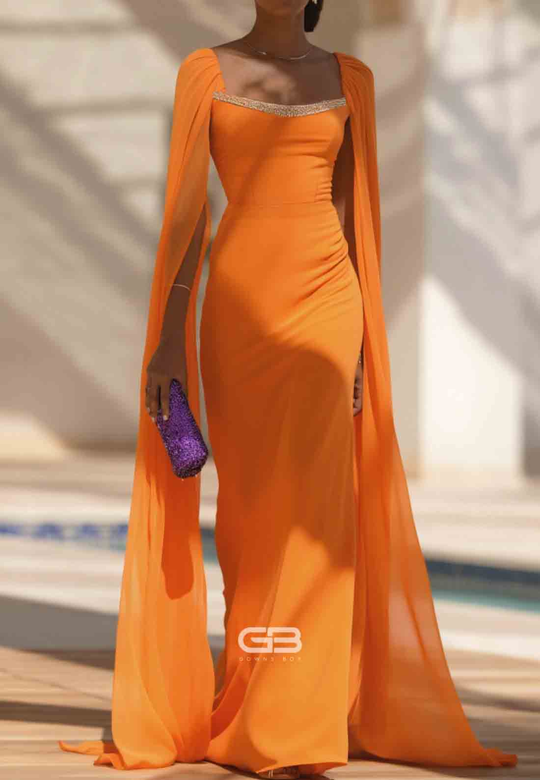 Elegant Square Neck Floor-Length Long Sleeves Column Evening Gowns 