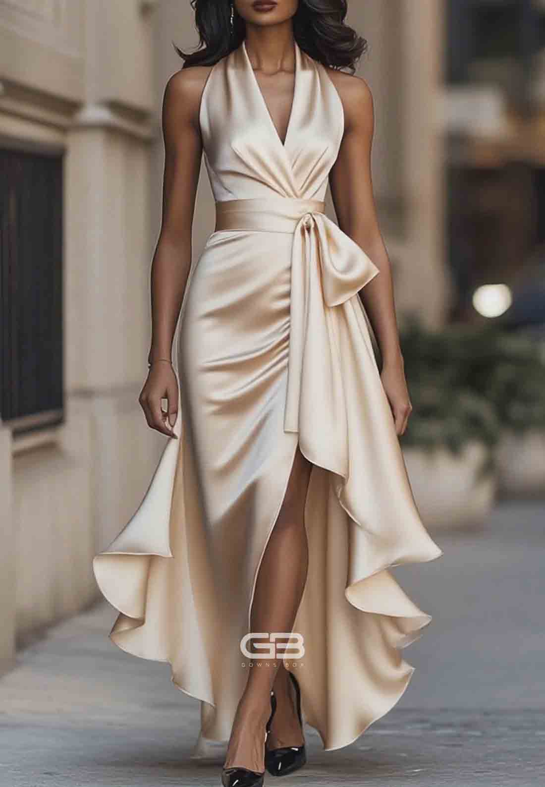 Elegant V-Neck Pleated Satin Halter Neck Asymmetrical Satin Evening Gowns